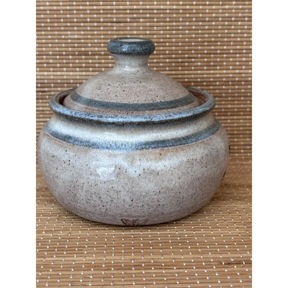 Vintage 1984 Stoneware Garlic Jar Blue Beige Handmade Cottagecore Grandmacore